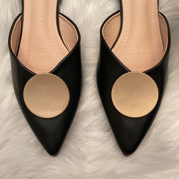 Riveted Black Gold Pointed Toe Flat Mules Shoes - Picture 4 of 12